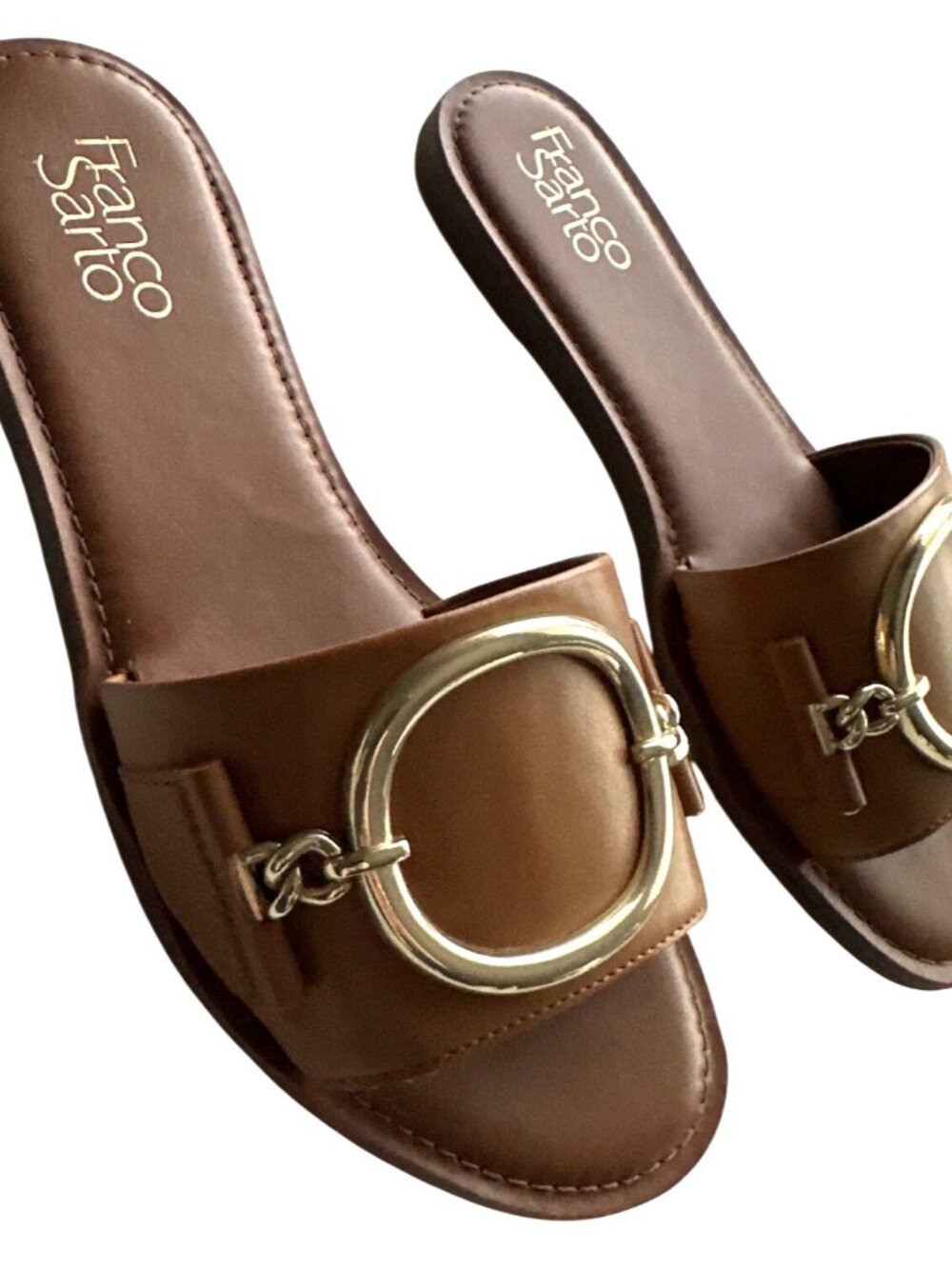 Franco Sarto Brown Faux Leather Slide Sandals NEW Gold Ring Detail JAN Size 8 - Picture 2 of 6